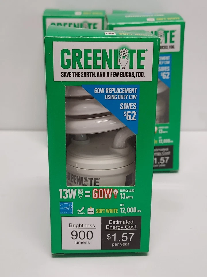 1 PC Greenlite 60W Light Bulbs 13W Energy Saver Soft White Spiral Replacement T2 - Image 1 of 4