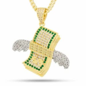 Flying Wings Money Hip Hop Pendent With Green & White Diamond 14KT Gold Finish - Picture 1 of 2