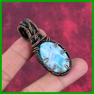 Copper Oval Larimar Stone Daughter Gift Wire Wrapped Handcrafted Pendant Jewelry - Picture 1 of 6
