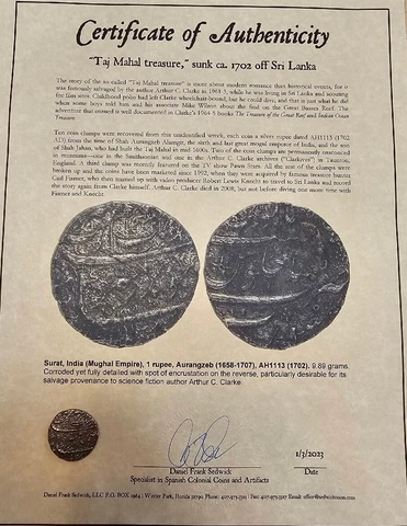 1702 Mughal Empire Rupee Taj Mahal Treasure Shipwreck With Sedwick COA Cover