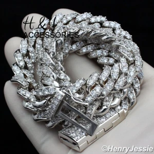 18"MEN 14K WHITE GOLD PLATED 12MM CZ PRONG SET CUBAN CURB CHAIN NECKLACE*ABN5 - Picture 1 of 7