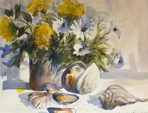 Signed Original Watercolor Painting Flowers Oysters Seashells Arlene D Johnson - Picture 1 of 24