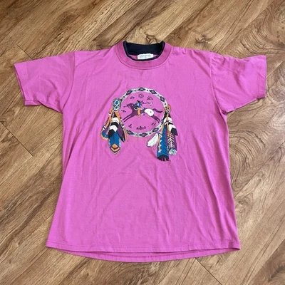 Vintage Southwestern Feathers Horse Pink Tshirt Women Large 1993 Tee Made USA - Image 1 of 4
