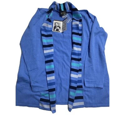 NUEVO CON ETIQUETAS DE COLECCIÓN Bob Mackie Usable Arte Cárdigan Suéter Mujer Talla Mediana Rayas Azul Foto 1 de 4