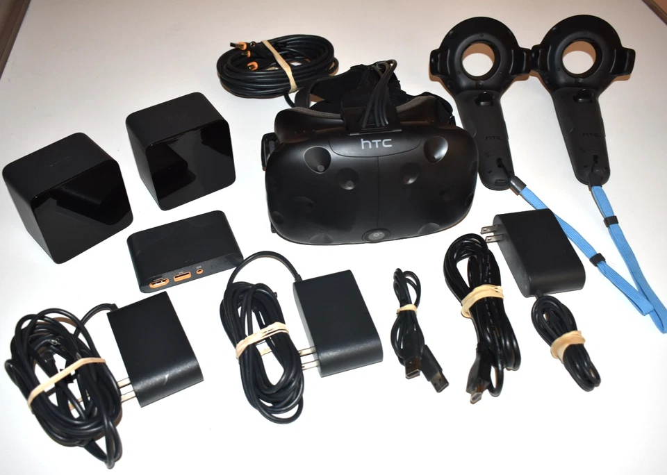 HTC Vive VR Virtual Reality Headset w/Base Stations, Controllers, Power & Cables - Image 1 of 4