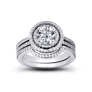 1.17ct F/SI2 Round Natural Certified Diamonds 14k  Halo Ring with Wedding Band - Picture 1 of 4