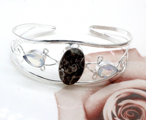 VALENTINO 925 Sterling Silver Turritella Agate Gemstone Jewelry Cuff Bracelet Size ADJ"