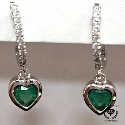 EF Collection 14kt White Gold Pavé Diamond Hoops with Dangling Emerald – 1.7g - Image 1 of 4