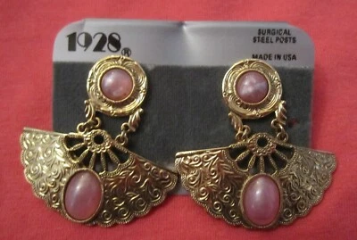Women's 1928 Collection Large Gold Fan Pink Stone Vintage Pierced Earrings NWT Foto 1 de 4