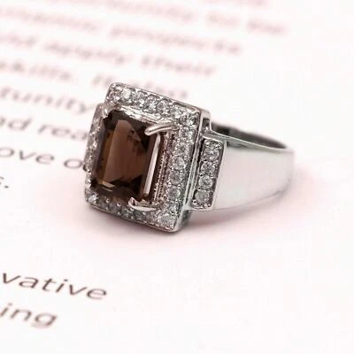 Anel de quartzo esfumaçado natural cluster halo 925 joias de prata esterlina - Imagem 1 de 3