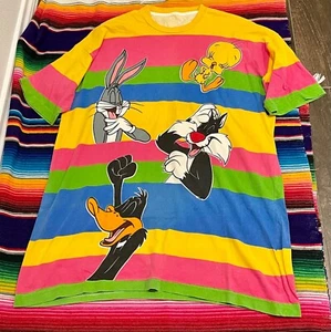 Rare Vintage Early 90's Looney Tunes Striped Colorfull XL Tee - Picture 1 of 6