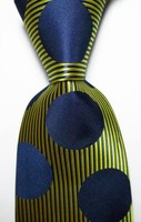 New Classic Polka Dot Dark Blue Yellow JACQUARD WOVEN Silk Men's Tie Necktie