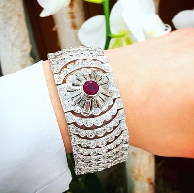 Art Deco Party Bracelet With 53.66TCW Round Ruby With Baguette & Round Sapphire - Image 1 of 4