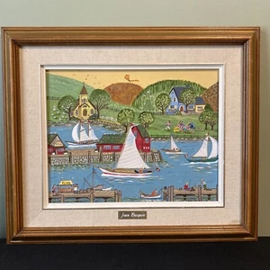 Rare Painting Joan Bacquie Canadian Folk Art Acrylic On Canvas Canada Lake Scene - Picture 1 of 20