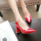 Womens Pointy Toe High Block Heels Patent Leather Pumps Party Dress Slip On Shoe