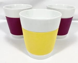 Bodum Porcelain Mugs Double Wall Rib Silicone Grip Sleeve Purple Yellow 4" Set 3 - Picture 1 of 13