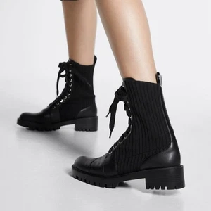 NEW Zara Black Lace-Up Combat Moto Boots - Picture 1 of 12