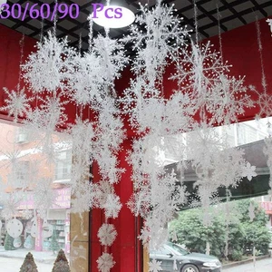 30/60/90 Pcs White Christmas Hanging Snowflakes Xmas Tree Decor Party Ornaments - Foto 1 di 11