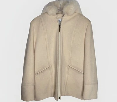 Vintage Winter White Preston & York Wool Zip Coat Fur Hood Short SZ 10 Women’s - Image 1 of 4