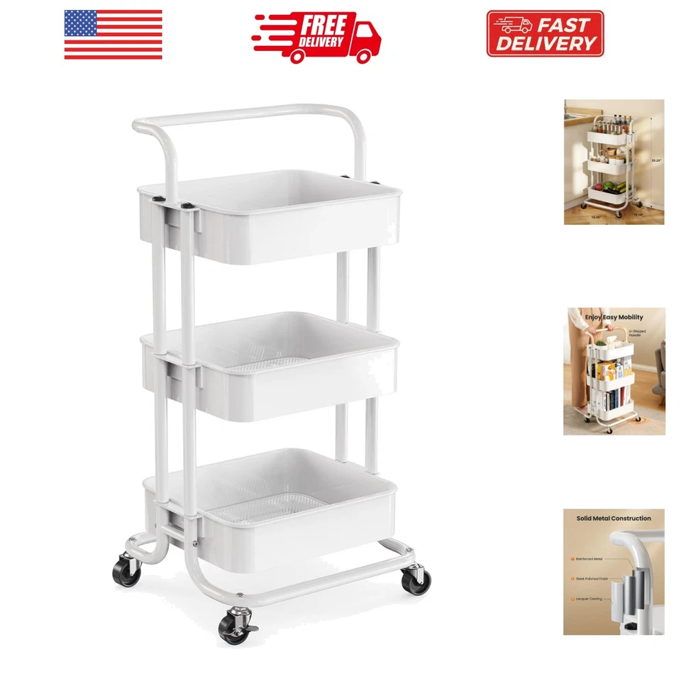 Pipishell 3-tier Rolling Utility Cart Multifunctional Metal Organization Storage