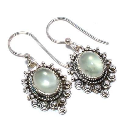 Prehnite Silver Plated Vintage Earring Jewelry 1.48" W2470, Christmas Gift - Image 1 of 3