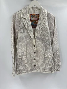 Johnny was biya embroidered white cotton Y2K 2000s button up jacket blazer small - Picture 1 of 24