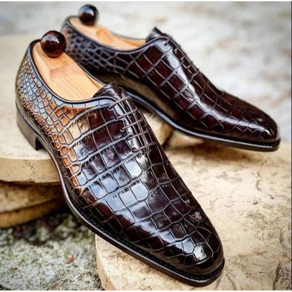 Men's Notch Quality Handmade Burgundy Alligator Texture Leather Whole Cut Shoe - Image 1 of 4