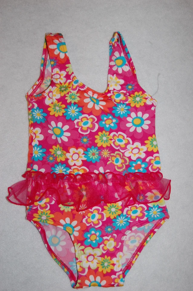 Toddler Girls Swim Suit ONE PIECE Pink FLOWERS 12 Mo 18 Mo 24 Mo Ruffle - Image 1 of 1