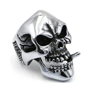 Spider Web Cigar Smoking Skull Ring Stainless Steel Mens Gothic Skull Biker Ring - Picture 1 of 6