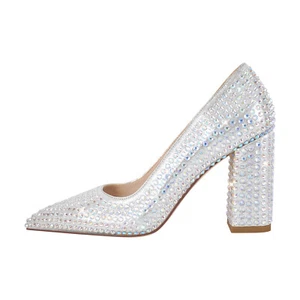 Women Pointed Toe Rhinestone Studded Chunky Heel Pumps Fashion Shoes Silver US12 - Picture 1 of 5