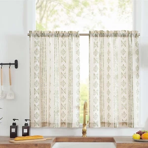 Boho Kitchen Curtains Linen Tier Curtains 36 Inch Bohemian Cafe Curtains Geometr - Picture 1 of 13