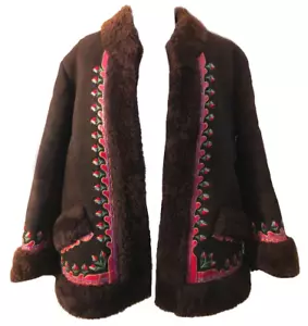 Vintage Polish Dark Brown Suede + Shearling Red Leather Floral Appliqué Jacket M - Picture 1 of 7