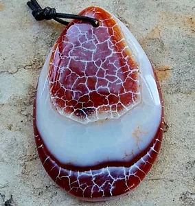 Red White Dragon Vein Agate Pendant Necklace Hung On Xsotica Leather @ POS - Picture 1 of 3