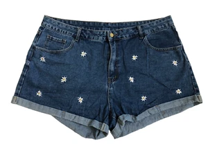 Shein Damengröße 4XL Jeansshorts Bündchen Gänseblümchen bestickt hohe Taille Baumwolle - Bild 1 von 5
