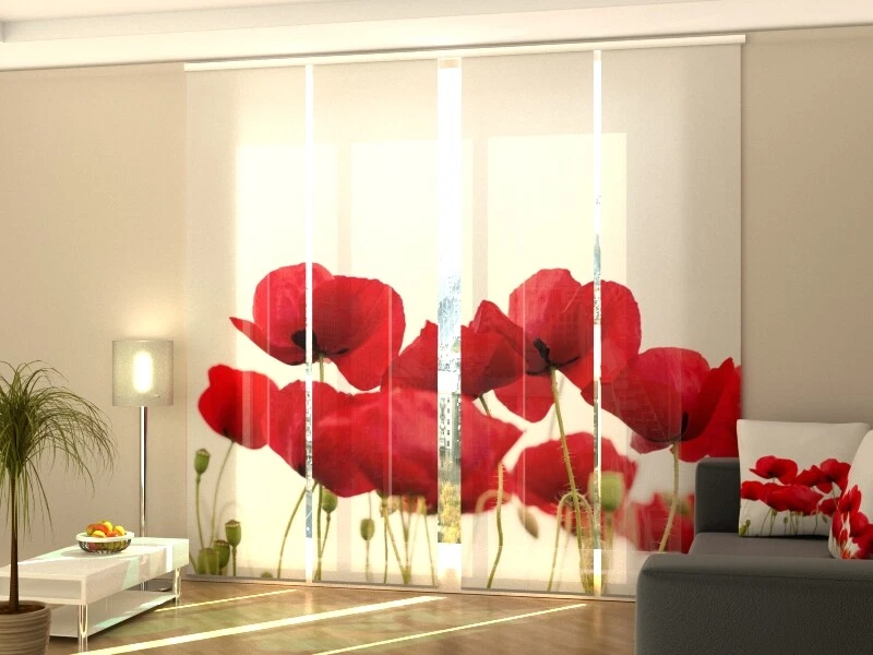 Foto-Schiebegardine Mohnblumen auf Weiß, Flächenvorhang mit Motiv, auf Maß - Bild 1 von 1