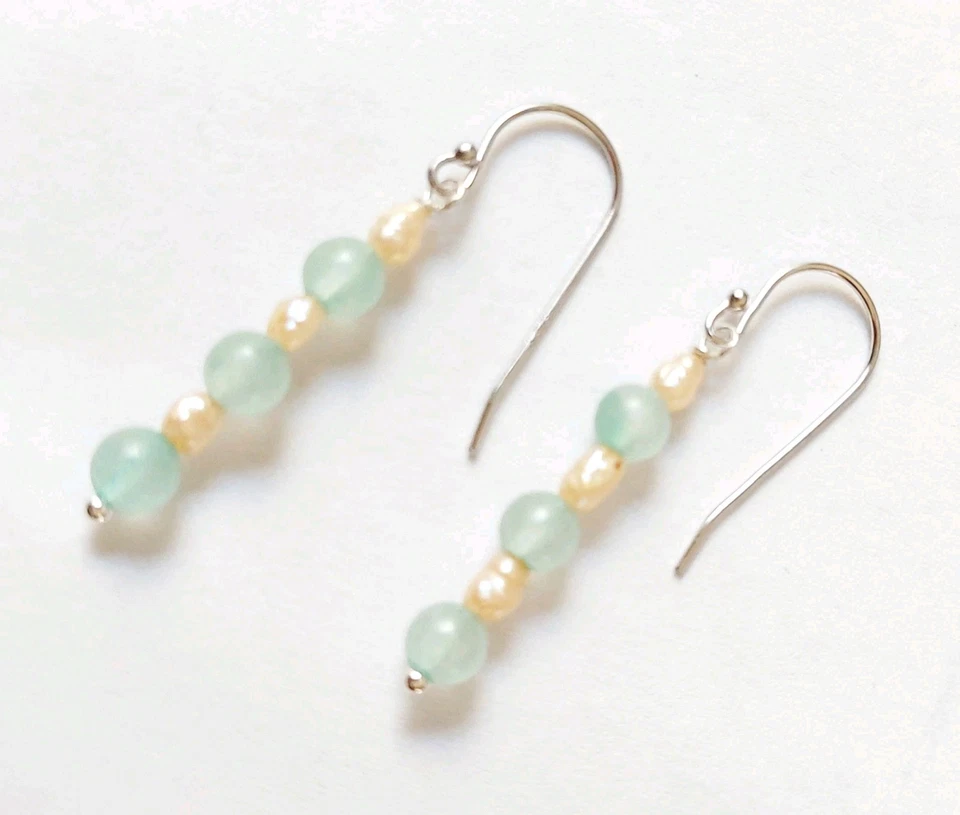 Orecchini pendenti in argento 925 con pietre avventurina e perle di acqua dolce  - Immagine 1 di 4