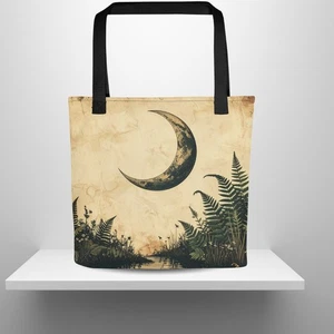 Vintage Style Crescent Moon Fern Botanical Reusable Tote Bag - Picture 1 of 8