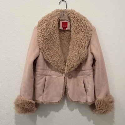 Vintage Y2K Esprit Suede Faux Fur Lined Penny Lane Coat Pink Sz M - Image 1 of 4