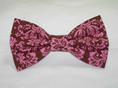 Pink & Brown Bow tie, Petite Pink Damask on Chocolate Brown, Pre-tied Bow tie - Image 1 of 3