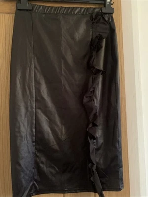 Black Leather Look Pencil Knee Length Skirt Size 10 - Image 1 of 2