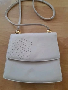 Vintage 1990s Kurt Geiger Beige Shoulder Bag Leather Cutwork Detail & Gold Beads - Picture 1 of 24