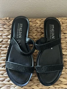 Italian Shoemakers, Black Women's Wedge Sandals, Size 8 Black Rhinestones Preppy - Picture 1 of 8