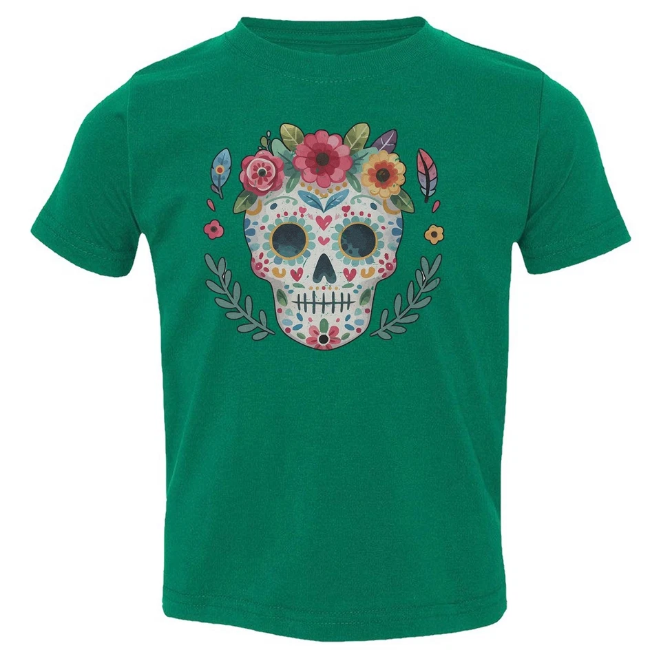 Camiseta Floral Calavera de Azúcar - Día de los Muertos Colorida Niño Pequeño Foto 1 de 1