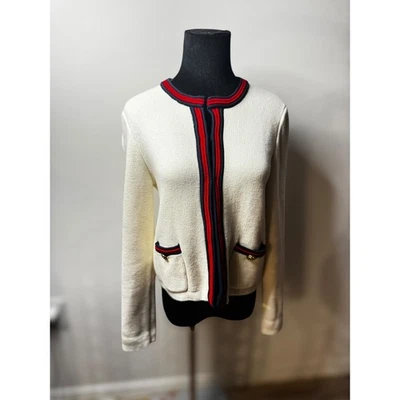 J.Crew Talla Pequeña Emilie Preppy Suéter Dama Chaqueta Marfil Rojo Azul Marino Borde en Contraste Foto 1 de 4