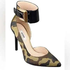 Guess 5.5 Camo High Heels Green Brown Pointed Toe Ankle Strap Pumps - Picture 1 of 4