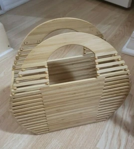 Women top handle natural tan wooden clutch bamboo small beach bag purse, new - Picture 1 of 5