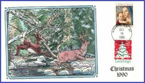 #2514-2515 Christmas 1990 FDC Hand-Painted by Collins  Combo Madonna + Tree - Image 1 of 1