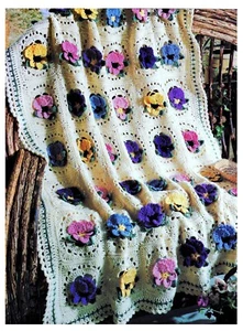 Crochet Pattern three-dimensional pansies throw Blanket 10 ply - Picture 1 of 3