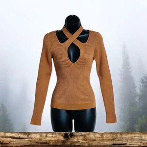 MINKPINK Ribbed Knit Flirty Cutout Crisscross Neckline Long Sleeves Pullover Top - Picture 1 of 14
