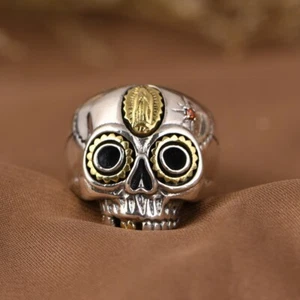 Gothic Sterling Silver Sugar Skull Ring Red Stone Accent Modern Calavera Ring - Picture 1 of 15